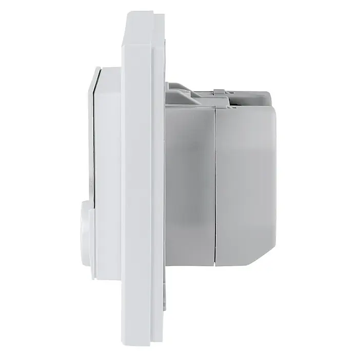 Homematic IP Funk-Raumthermostat HmIP-BWTH - Netzbetrieben, 230 V, 54 x 86 x 86 mm, Weiß - Seitenansicht eines weißen elektronischen Geräts, das sich durch sein schlichtes Design und die klaren Linien auszeichnet. Ideal für moderne Umgebungen.