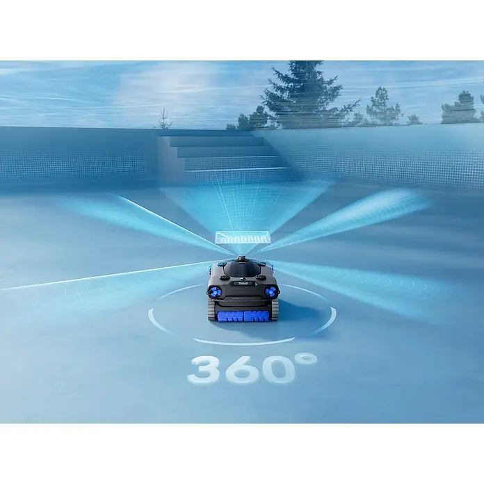 Mova Poolroboter Rover X10 - Akkubetrieben, Passend für: Pools bis 500 m² Grundfäche, Filterleistung: 38.000 l/h - Schwarzer und blauer Roboter-Poolreiniger in einem Pool, der 360-Grad-Blaulicht-Scanstrahlen aussendet.