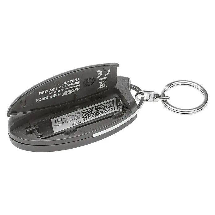 Homematic IP Funkfernbedienung Schlüsselanhänger Alarm HmIP-KRCA - Schwarz, 14 x 38 x 75 mm - Geöffneter Homematic IP Key Remote Control-4 mit Batterieinformation und Seriennummer.