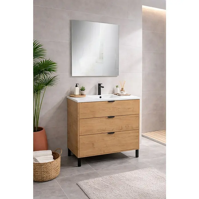Conjunto de mueble de baño Triana - Ancho: 60 cm, Roble, 3 pzs. - Mueble de baño de madera natural con lavabo blanco, grifo negro y detalles negros en un baño moderno.