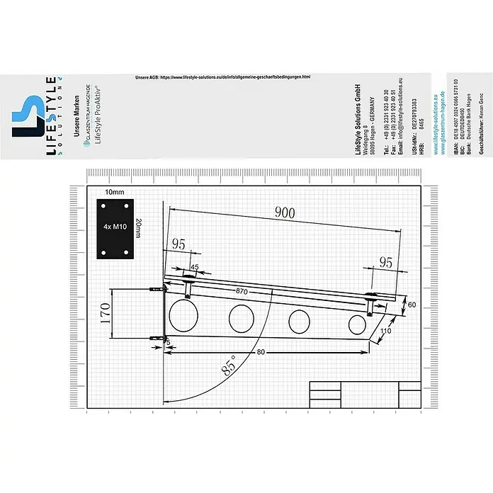 Glaszentrum Hagen Vordach 200x90 cm Klarglas Glasvordach - S-Halter in RAL7016 - Anthrazit RAL7016
