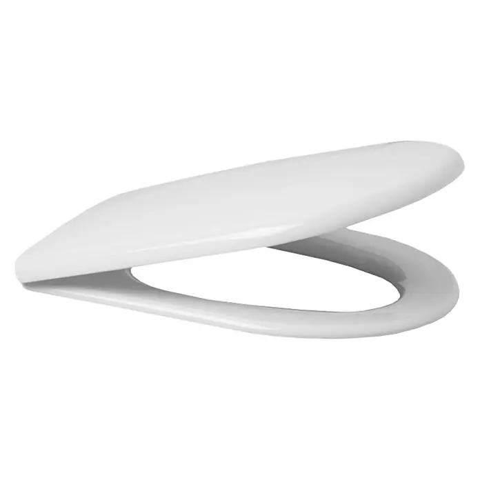 Roca Meridian-N Tapa de WC - Termoplástico, Blanco - Primer plano de un asiento de inodoro blanco con tapa sobre un fondo negro, resaltando el diseño de la tapa.