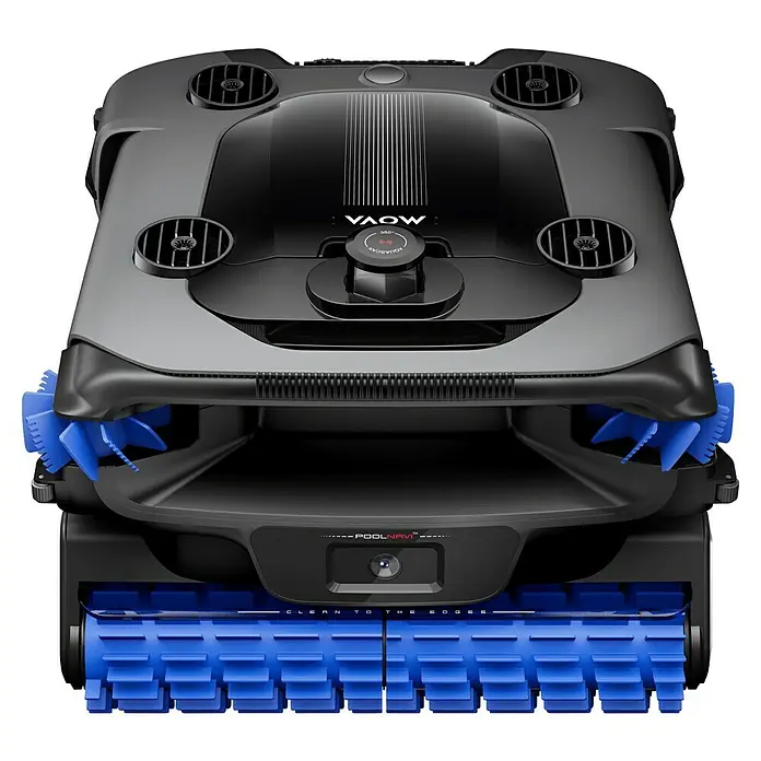 Mova Poolroboter Rover X10 - Akkubetrieben, Passend für: Pools bis 500 m² Grundfäche, Filterleistung: 38.000 l/h - Dunkelgrauer und schwarzer Roboter-Poolreiniger mit leuchtend blauen Bürsten und Rollen.