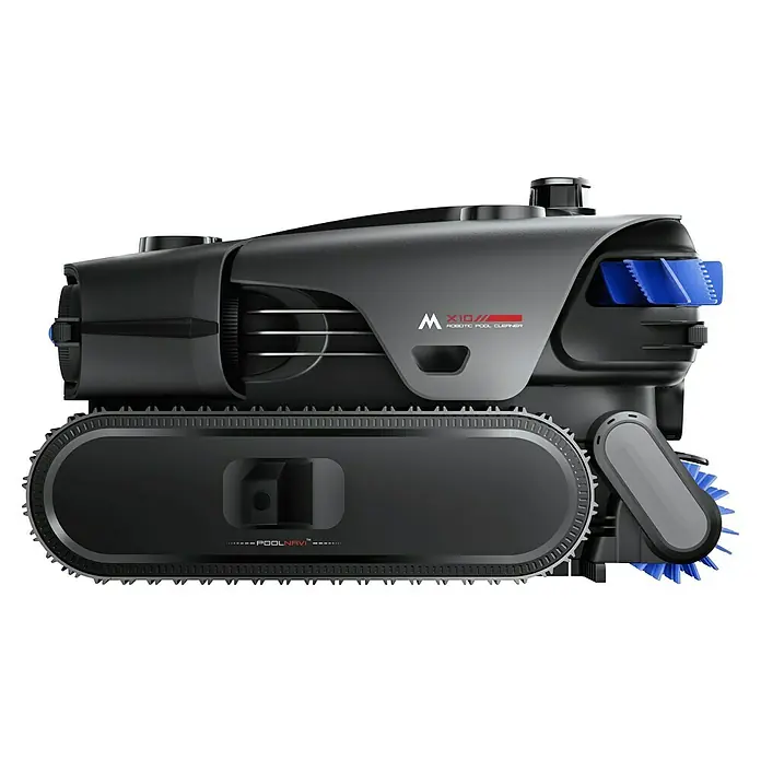 Mova Poolroboter Rover X10 - Akkubetrieben, Passend für: Pools bis 500 m² Grundfäche, Filterleistung: 38.000 l/h - Dunkelgrauer Roboter-Poolreiniger mit Raupen und blauen Bürsten.