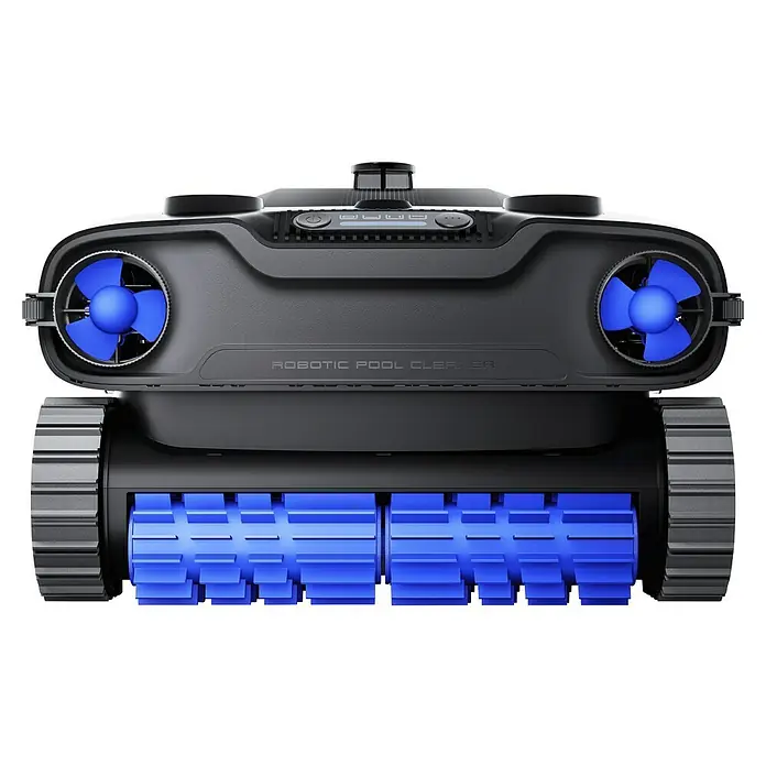 Mova Poolroboter Rover X10 - Akkubetrieben, Passend für: Pools bis 500 m² Grundfäche, Filterleistung: 38.000 l/h - Dunkelgrauer Roboter-Poolreiniger mit blauen Propellern und Walzen.