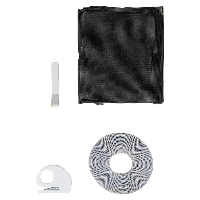 Tesa Insect Stop Insektenschutzgitter Premium - B x H: 100 x 100 cm, Anthrazit, Montage Insektengitter: Ankletten - Schwarzes Fliegengitter-Set mit weißem Klettband, Klammer und Werkzeug.