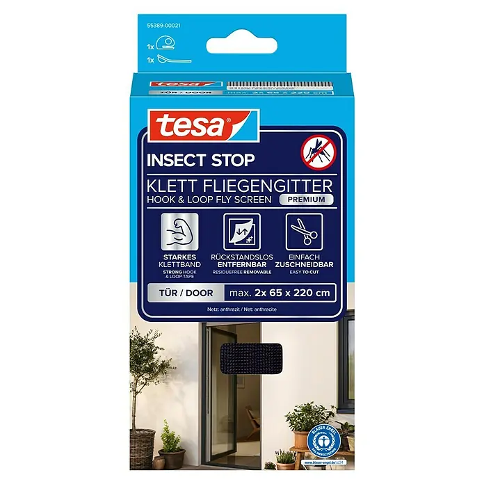 Tesa Insect Stop Insektenschutzgitter Premium - B x H: 130 x 220 cm, Anthrazit, Montage Insektengitter: Ankletten - tesa Insektenschutz Klett Fliegengitter für Türen, anthrazit. Verpackung und Gitter an einer Terrassentür, max. 2x 65x220 cm.