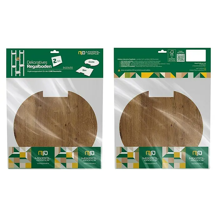 Mixpol Profile Regalboden Ovelo Royal Oak - 25,5 x 22,3 cm, Eiche, 2 Stk. - Zwei holzgemusterte, runde Regalböden für den CUBE Raumteiler in transparenter Verpackung.