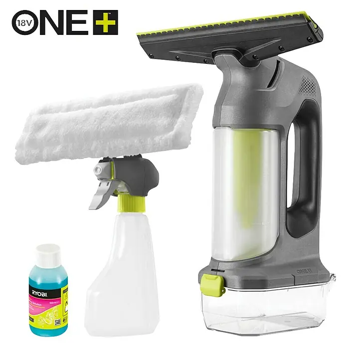 Ryobi ONE+ Akku-Fenstersauger RWV18-0 - 18 V, Ohne Akku - Ryobi 18V ONE+ elektrisches Fensterreinigungsset: grauer und lindgrüner Fenstersauger, weiße Sprühflasche mit Mikrofaserpad und blaue Reinigungslösung.
