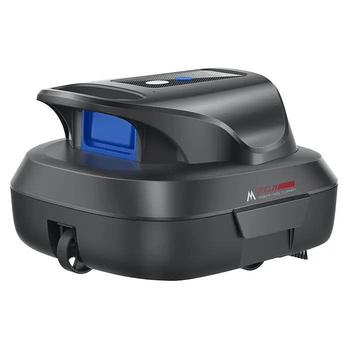 Mova Poolroboter Diver R10 - Akkubetrieben, Passend für: Pools bis 80m² Grundfläche, Filterleistung: 5.700 l/h - Dunkelgrauer Roboter-Poolreiniger mit blauem Filterfach und Bedienfeld mit weißen und blauen Tasten. Er verfügt über Räder zur Fortbewegung.