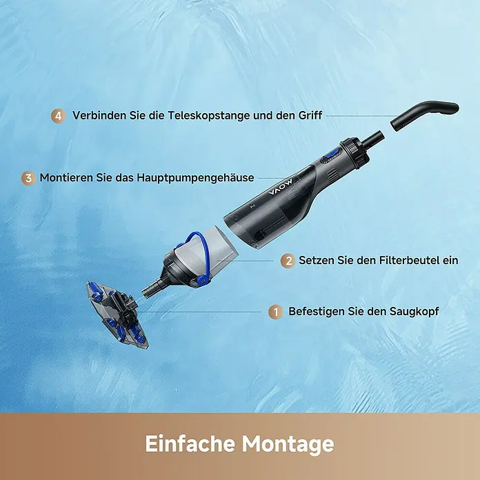 Mova Poolsauger Handler V10 - Akkubetrieben - Dunkelgrauer, blauer Poolreiniger wird in vier Schritten zusammengebaut: Saugkopf, Filterbeutel, Pumpengehäuse, Teleskopstange und Griff werden verbunden.