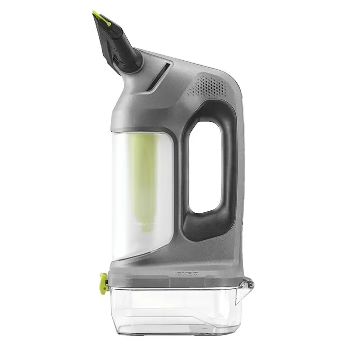 Ryobi ONE+ Akku-Fenstersauger RWV18-0 - 18 V, Ohne Akku - Grauer Hand-Teppichreiniger mit Lösungs- und Auffangbehältern, gelben Akzenten.