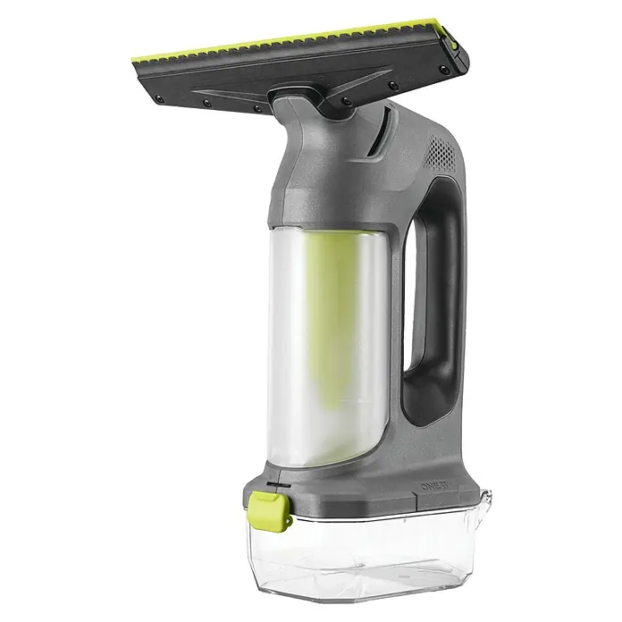 Ryobi ONE+ Akku-Fenstersauger RWV18-0 - 18 V, Ohne Akku - Grau-schwarzer Fenstersauger mit leuchtend grüner Abziehlippe und einem durchscheinenden Tank mit hellgrüner Reinigungslösung.