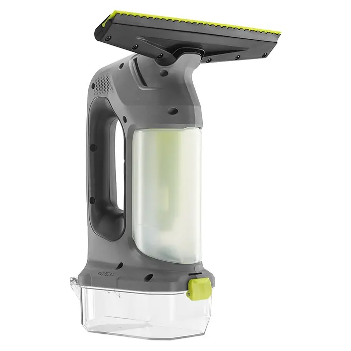 Ryobi ONE+ Akku-Fenstersauger RWV18-0 - 18 V, Ohne Akku - Grauer Fensterstaubsauger aus Kunststoff mit zwei Flüssigkeitstanks (einem lichtdurchlässigen, einem klaren) und gelbem Gummischaber.