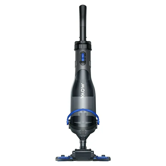 Mova Poolsauger Handler V10 - Akkubetrieben - Dunkelgrauer und schwarzer Stielstaubsauger mit transparentem Staubbehälter und blauen Akzenten an Bedienelementen und Bodendüse.