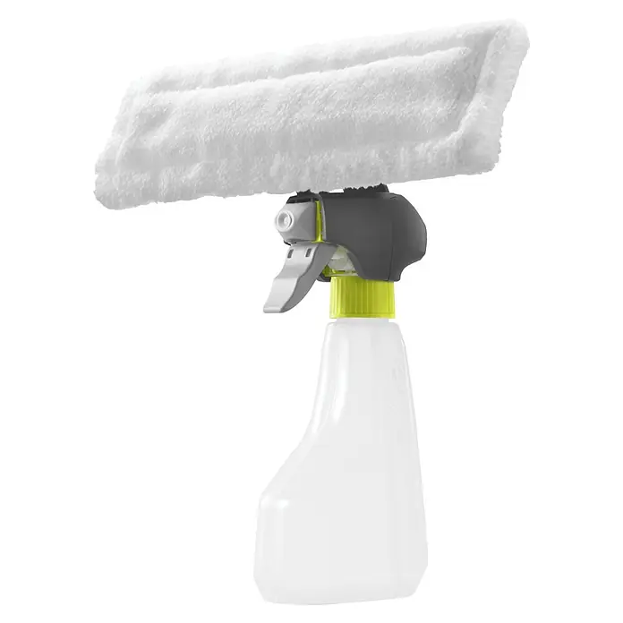 Ryobi ONE+ Akku-Fenstersauger RWV18-0 - 18 V, Ohne Akku - Weißer Mikrofaser-Fensterreiniger mit grauer und limettengrüner Sprühflasche.