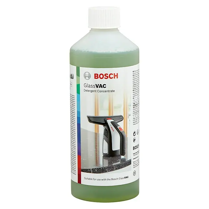 Bosch Reinigungsmittel - 0,5 l - Die BOSCH GlassVAC Reinigungsflüssigkeit für streifenfreie Sauberkeit. Ideal für Fenster, Spiegel und andere Glasoberflächen im Haus.