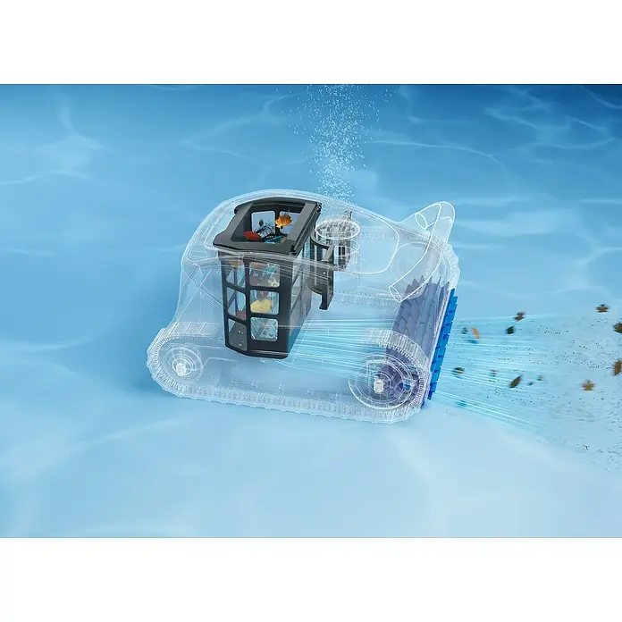Mova Poolroboter Diver A10 - Akkubetrieben, Passend für: Pools bis 180 m² Grundfäche, Filterleistung: 22.700 l/h - Transparenter Roboter-Poolreiniger in blauem Wasser, fängt Blätter und Schmutz im Korb auf, mit aufsteigenden Blasen.