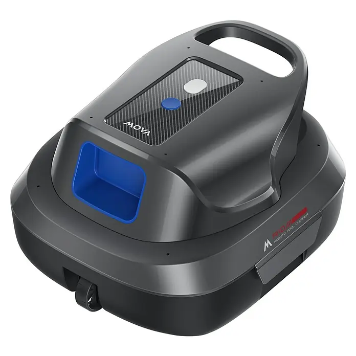 Mova Poolroboter Diver R10 - Akkubetrieben, Passend für: Pools bis 80m² Grundfläche, Filterleistung: 5.700 l/h - Dunkelgrauer Roboter-Poolreiniger mit blauen Akzenten und Carbonfaser-Oberseite für die automatisierte Poolpflege.