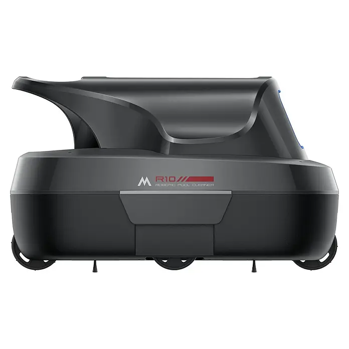 Mova Poolroboter Diver R10 - Akkubetrieben, Passend für: Pools bis 80m² Grundfläche, Filterleistung: 5.700 l/h - Dunkelgrauer Roboter-Poolreiniger mit elegantem Design und M R10-Branding. Mit Rädern und Bürsten für effektive Reinigung.