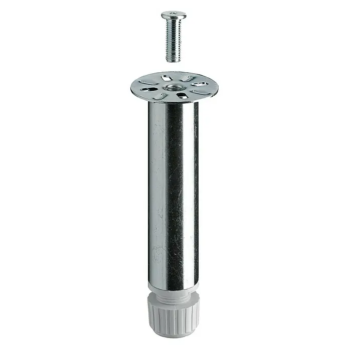 Hettich Sockelverstellfuß - Verstellbar: 150 mm - 160 mm, Durchmesser: 30 mm, Silber - Dieses Bild zeigt ein silbernes Tischbein mit Schraube und Montageplatte, ideal für Möbelprojekte und Reparaturen.