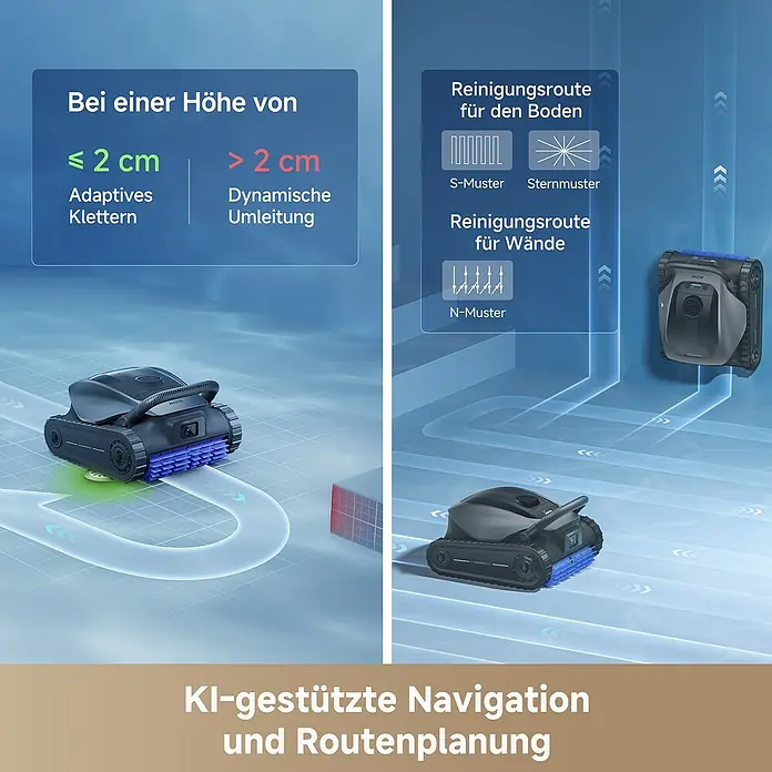 Mova Poolroboter Diver A10 - Akkubetrieben, Passend für: Pools bis 180 m² Grundfäche, Filterleistung: 22.700 l/h - Ein schwarz-grauer Poolreinigungsroboter demonstriert KI-Navigation für Boden- und Wandreinigung, zeigt Hindernisvermeidung und verschiedene Reinigungsmuster.