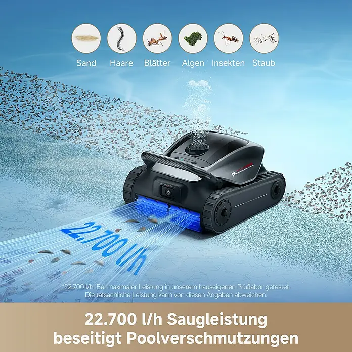 Mova Poolroboter Diver A10 - Akkubetrieben, Passend für: Pools bis 180 m² Grundfäche, Filterleistung: 22.700 l/h - Schwarzer Roboter-Poolreiniger entfernt Sand, Haare, Blätter und Staub aus einem Pool mit 22.700 l/h Saugleistung.