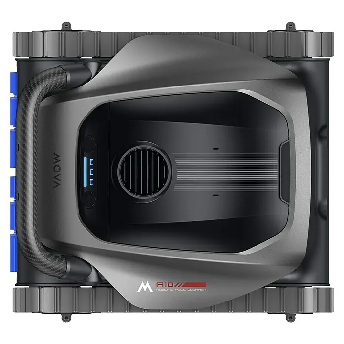 Mova Poolroboter Diver A10 - Akkubetrieben, Passend für: Pools bis 180 m² Grundfäche, Filterleistung: 22.700 l/h - Eleganter dunkelgrauer Roboter-Poolreiniger mit carbonfaserartigem Griff, blauen Seitenakzenten und großen Seitenketten für die Poolpflege.