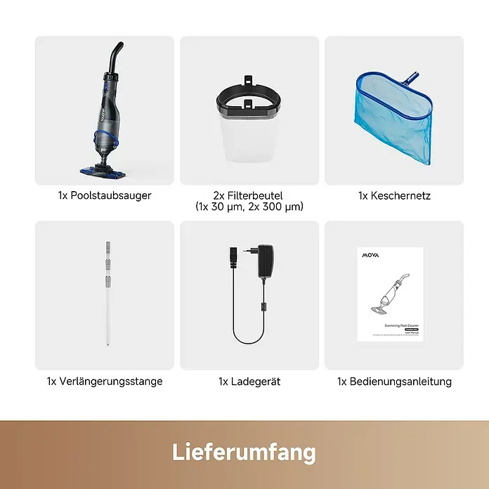 Mova Poolsauger Handler V10 - Akkubetrieben - Lieferumfang eines Poolstaubsaugers: grauer und schwarzer Poolreiniger, Filterbeutel, Kescher, Verlängerungsstange, Ladegerät und Bedienungsanleitung.