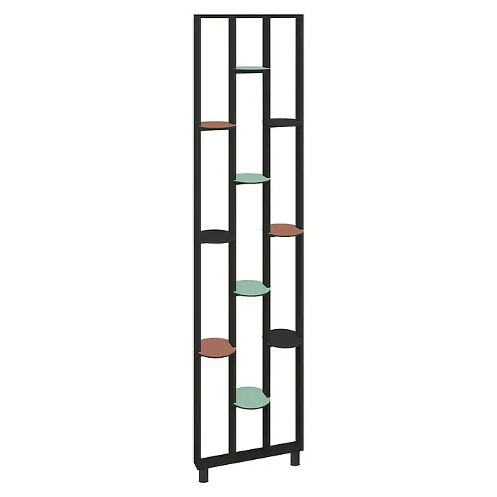 Mixpol Profile Regalboden Ovelo Sage - 25,5 x 22,3 cm, Salbeigrün, 2 Stk. - Hohes dunkelgraues Regal mit kreisförmigen Ablagen in Hellgrün, Rotbraun und Dunkelgrau, asymmetrisch angeordnet.