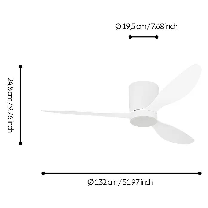 Eglo Deckenventilator Baracarès - 32 W, Durchmesser: 132 cm, Weiß, Mit Leuchtmittel, LED - Moderner weißer Deckenventilator mit drei gebogenen Flügeln. Misst 132 cm Durchmesser, 24,8 cm Höhe.