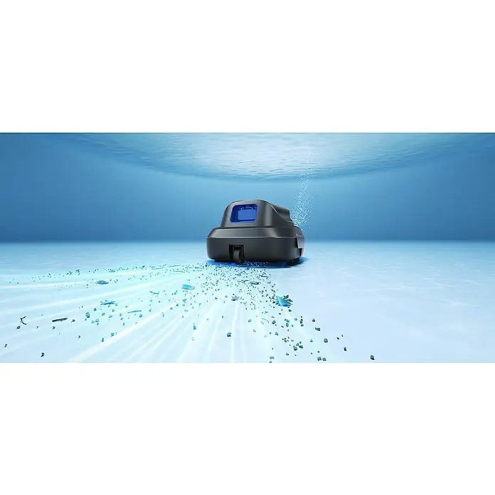 Mova Poolroboter Diver R10 - Akkubetrieben, Passend für: Pools bis 80m² Grundfläche, Filterleistung: 5.700 l/h - Dunkelgrauer und blauer Unterwasser-Poolreiniger säubert aktiv einen Poolboden, saugt Schmutz auf und erzeugt Blasen.