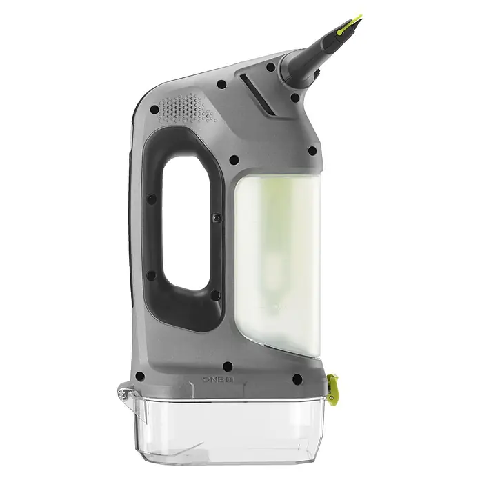 Ryobi ONE+ Akku-Fenstersauger RWV18-0 - 18 V, Ohne Akku - Grauer und schwarzer Handreiniger mit durchsichtigem Flüssigkeitsbehälter, gelbem Düsenakzent und grünem Verschluss.