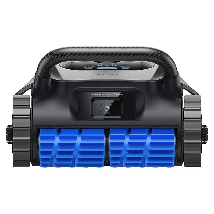 Mova Poolroboter Diver A10 - Akkubetrieben, Passend für: Pools bis 180 m² Grundfäche, Filterleistung: 22.700 l/h - Eleganter schwarzer Roboter-Poolreiniger mit Carbonfaser-Griff, integrierter Kamera und hellblauen Reinigungsbürsten.