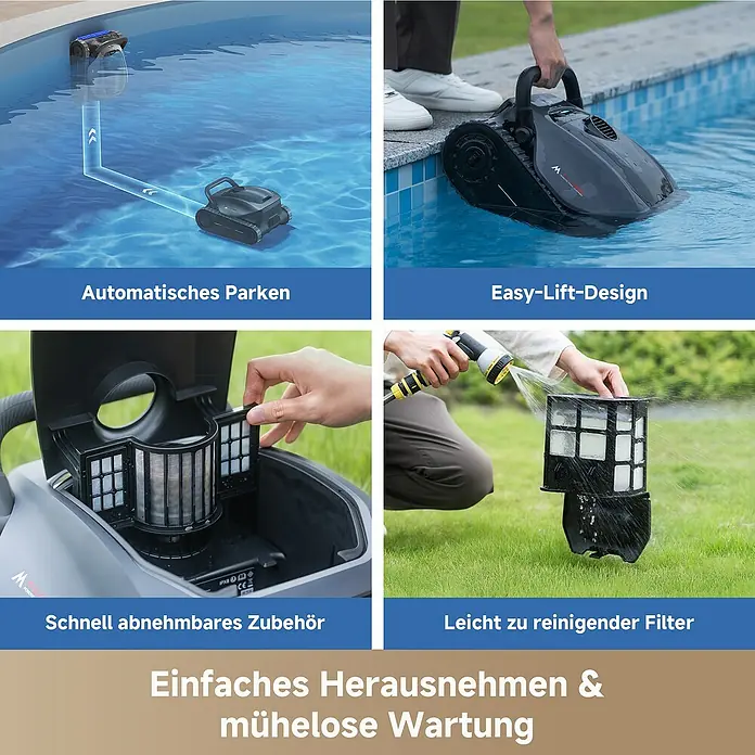 Mova Poolroboter Diver A10 - Akkubetrieben, Passend für: Pools bis 180 m² Grundfäche, Filterleistung: 22.700 l/h - Dunkelgrauer Poolroboter, der automatisches Parken, einfaches Anheben und leichte Filterreinigung für mühelose Wartung zeigt.