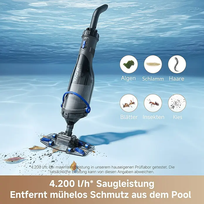 Mova Poolsauger Handler V10 - Akkubetrieben - Ein grauer und schwarzer Poolstaubsauger mit blauen Akzenten reinigt Unterwasserschmutz. Er entfernt mühelos Ablagerungen aus dem Pool.