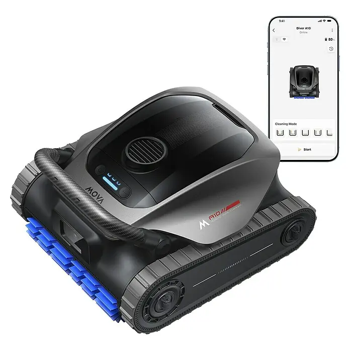 Mova Poolroboter Diver A10 - Akkubetrieben, Passend für: Pools bis 180 m² Grundfäche, Filterleistung: 22.700 l/h - MOVA A10 Roboter-Poolreiniger in Dunkelgrau, mit blauen Bürsten und Kohlefasergriff, neben der Smartphone-App.