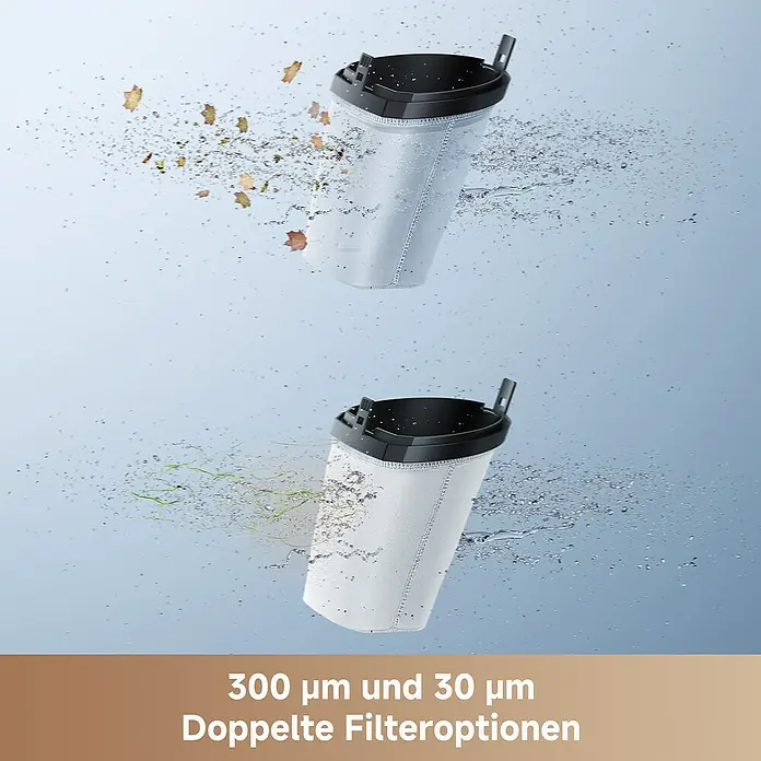 Mova Poolsauger Handler V10 - Akkubetrieben - Zwei weiße Netzfilterkörbe mit schwarzen Oberteilen, mit Wasser und Schmutz, zeigen 300 µm und 30 µm Doppelfilteroptionen.