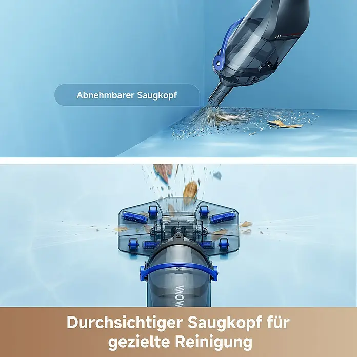 Mova Poolsauger Handler V10 - Akkubetrieben - Ein blauer/grauer Poolstaubsauger mit abnehmbarem, transparentem Saugkopf saugt Schmutz aus dem Wasser.
