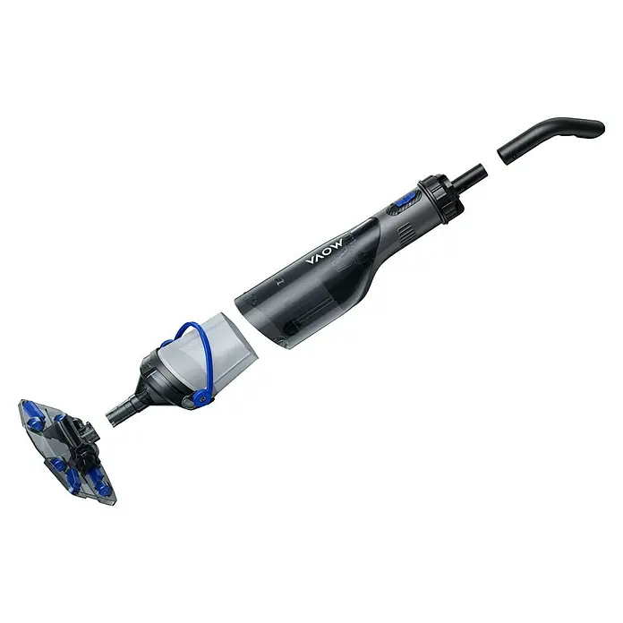 Mova Poolsauger Handler V10 - Akkubetrieben - Zerlegter grauer und transparenter Handstaubsauger mit blauen Akzenten, der seine modularen Komponenten zeigt.