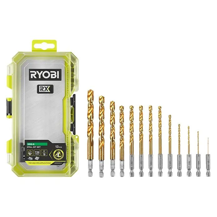 Ryobi Bohrer-Set RARXHG13 - 13 -tlg. - Ryobi HSS-G 13-teiliges goldfarbenes Bohrer-Set mit Sechskantschäften in transparentem grünem Koffer.