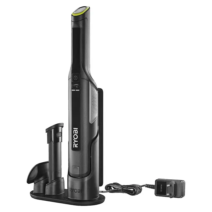 Ryobi Akku-Handstaubsauger RHV44-220G - 8 V, 2 Akkus, 2 Ah, Behältervolumen: 0,15 l - Schwarzer Ryobi Akku-Stielstaubsauger mit grünen Akzenten, Ladestation, zwei Aufsätzen und Netzteil.