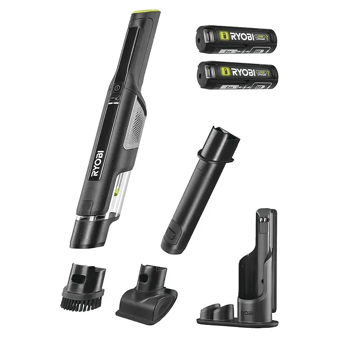 Ryobi Akku-Handstaubsauger RHV44-220G - 8 V, 2 Akkus, 2 Ah, Behältervolumen: 0,15 l - Schwarzer und grauer Ryobi Handstaubsauger, zwei USB Lithium Batterien und diverse Reinigungsaufsätze, inklusive Bürste, Fugendüse und Ladestation.