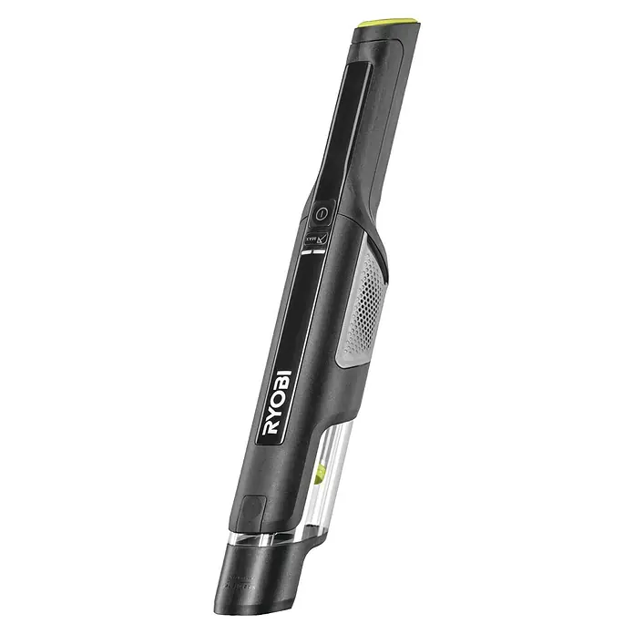 Ryobi Akku-Handstaubsauger RHV44-220G - 8 V, 2 Akkus, 2 Ah, Behältervolumen: 0,15 l - RYOBI schwarzer und grauer Handstaubsauger mit transparentem Staubbehälter und grünen Akzenten.