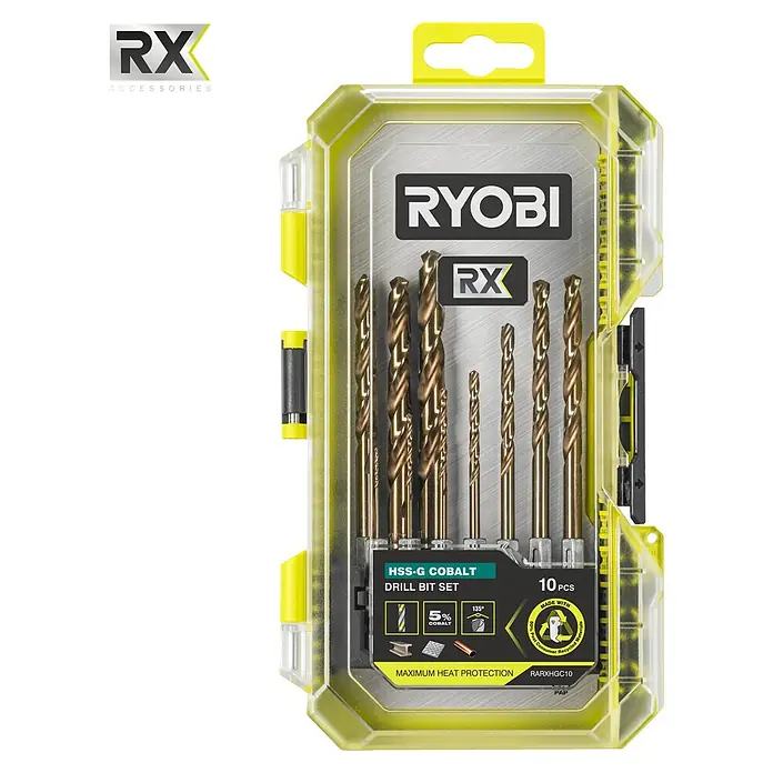 Ryobi Bohrer-Set RARXHGC10 - Metall, 10 -tlg. - Ryobi RX HSS-G Kobalt Bohrer-Set, 10-teilig, in einer transparenten gelben Box.