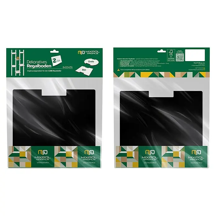 Mixpol Profile Regalboden Box Schwarz ARF - 25,5 x 22,3 cm, Schwarz, 2 Stk. - Verpackung mit zwei schwarzen MDF-Dekorregalböden (8x223x255) in Ovelo- oder Box-Form, für CUBE Raumteiler.