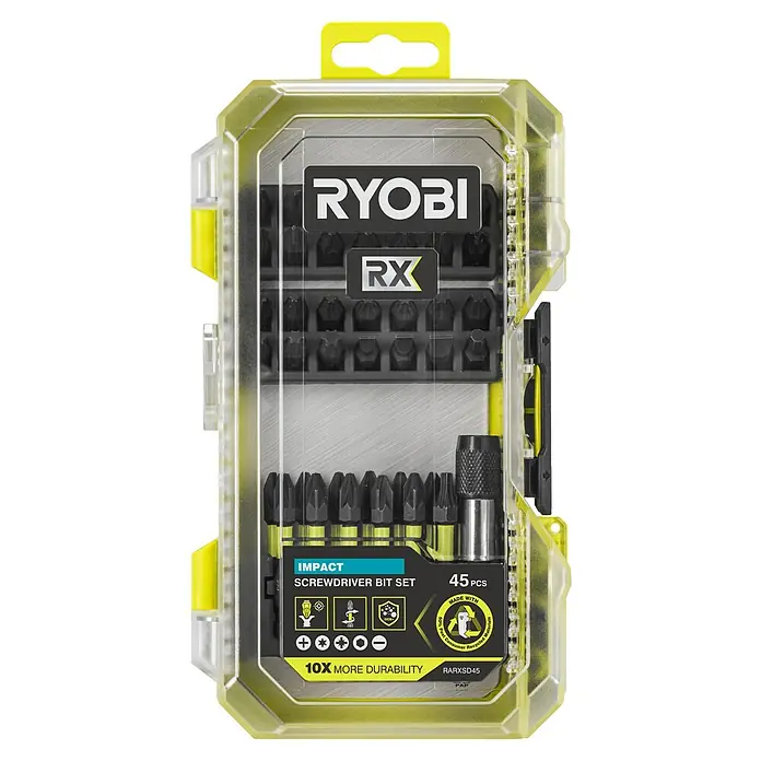 Ryobi Bit-Set RARXSD45 - 45 -tlg. - RYOBI RX 45-teiliges Schlagschrauber-Bit-Set in einer transparenten gelben Box.