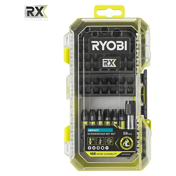 Ryobi Bit-Set RARXSD59 - 59 -tlg. - Ein Ryobi RX 59-teiliges Schlagschrauber-Bit-Set in einer transparenten und gelben Kunststoffhülle mit verschiedenen Bits und einem Bithalter.