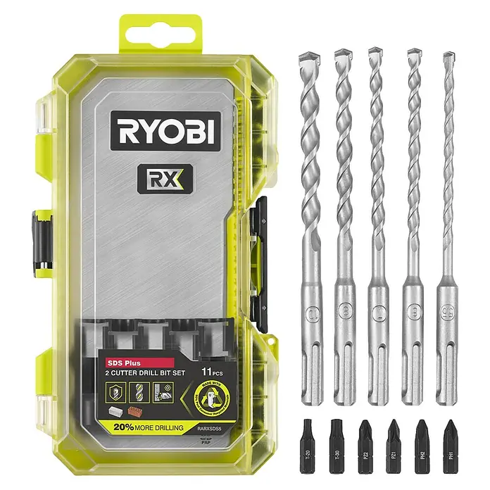 Ryobi Bohrer- & Bit-Set RARXSDS5 - 11 -tlg. - Ryobi SDS Plus 2-Schneiden-Bohrer-Set in grünem Gehäuse, mit Metall-SDS Plus-Bohrern und schwarzen Schraubendreher-Bits.