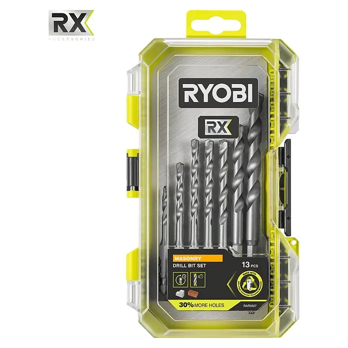Ryobi Bohrer- & Bit-Set RARXM7 - 13 -tlg. - Ryobi RX Mauerbohrer-Set mit 13 silbernen Bohrer in klarer und gelber Kunststoffhülle.